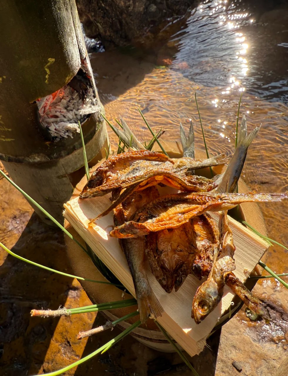 户外溪流旁，油炸小鱼干🐟️